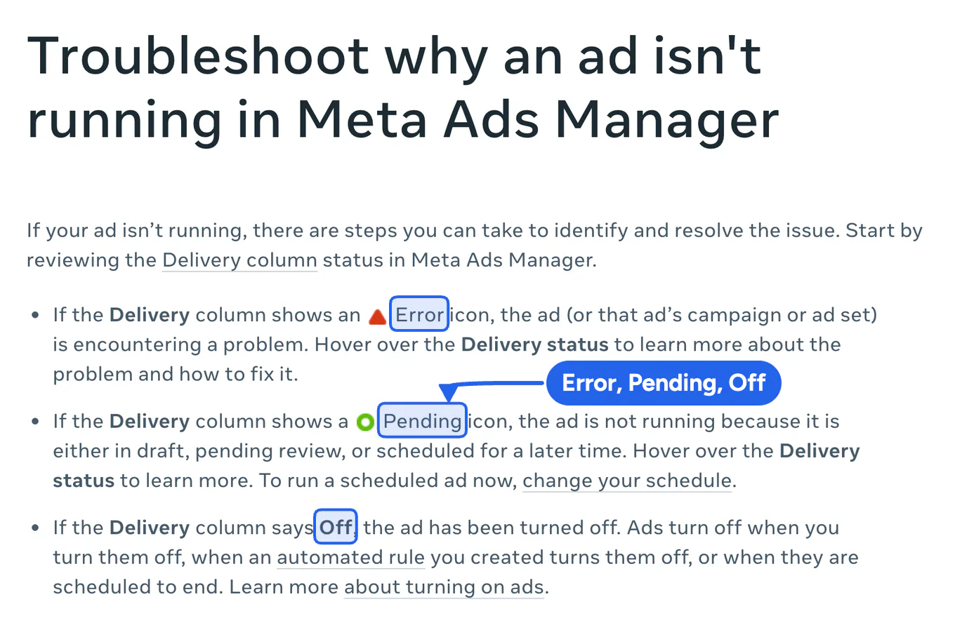 Meta's help page listing the three Delivery column states that explain why an ad is not running: Error, Pending and Off.