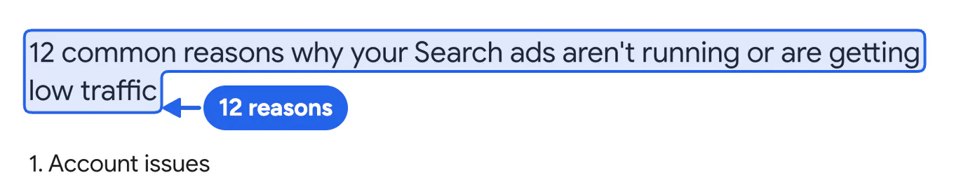 Google Ads Help page that lists twelve common reasons why search ads are not running or get low traffic.