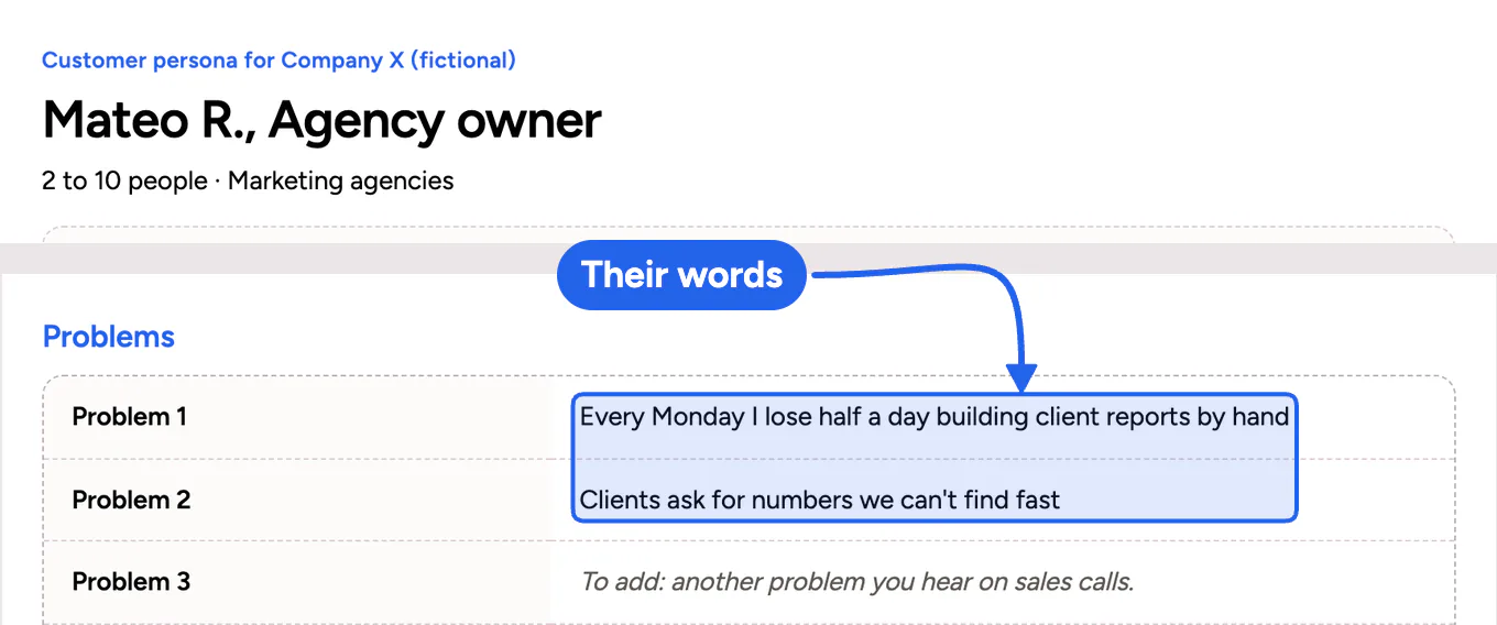 The hopastudio ICP Builder showing a sample buyer persona with goals, problems and the words the buyer uses.