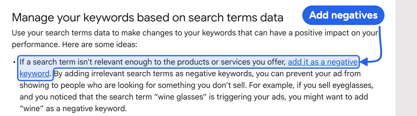 Google Ads Help page advising advertisers to add irrelevant search terms as negative keywords.
