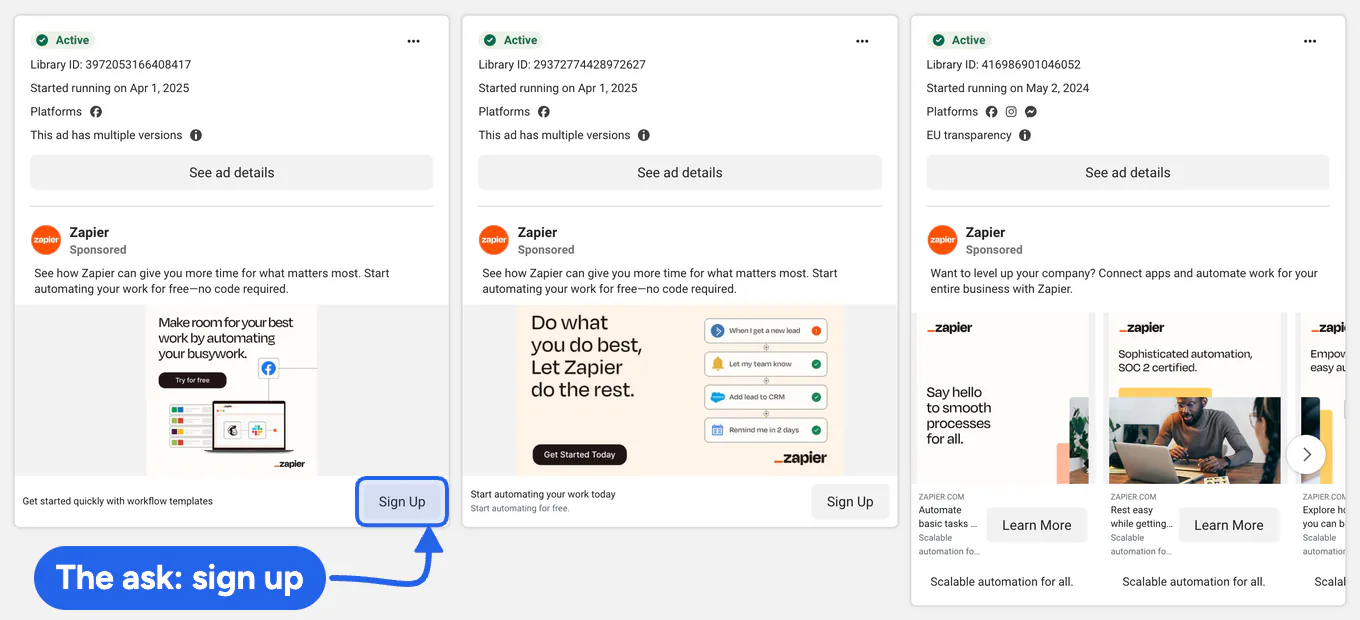 Zapier's active ads in the Meta Ad Library, United States. The first one ends in a Sign Up button.