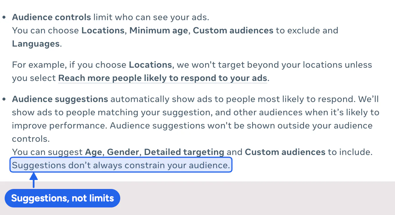 Meta's help page explaining that audience suggestions do not always limit who sees an ad.