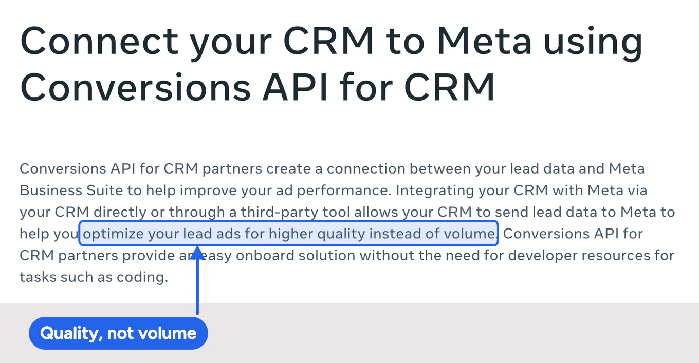 Meta's help page saying that connecting a CRM lets advertisers optimize lead ads for quality instead of volume.