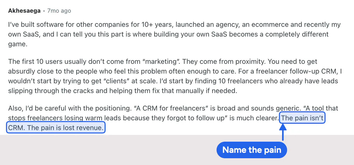A Reddit reply telling a founder to describe the product by the problem it solves, lost revenue, instead of calling it a CRM for freelancers.