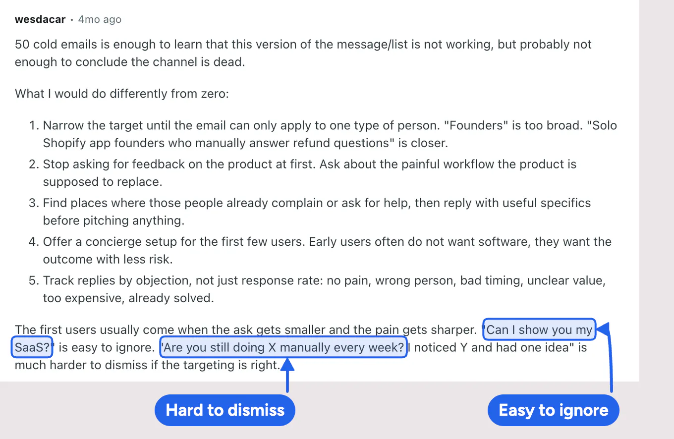 A Reddit reply comparing two first messages: asking to show a product, which is easy to ignore, and asking about a manual task, which is harder to dismiss.