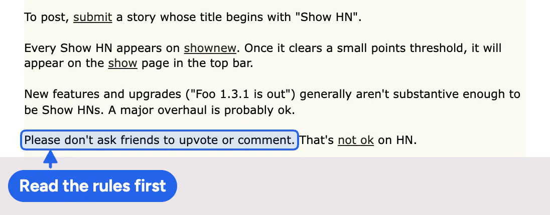 The Hacker News Show HN guidelines page, with the rule that asks posters not to ask friends to upvote or comment.